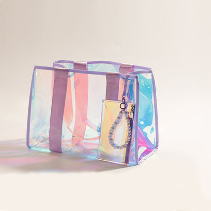 Women's Beach Bag, Beach Bag With Extra Waterproof Phone Pocket, Large Rainbow Color Clear Tote Bag