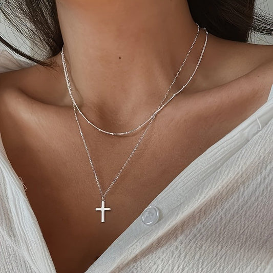 Women's Cross Necklace - 14K Silver Plated Cross Necklace  Simple Cute Multi-layered Pendant Necklace Women's Fashion Jewelry - Lotus Lane